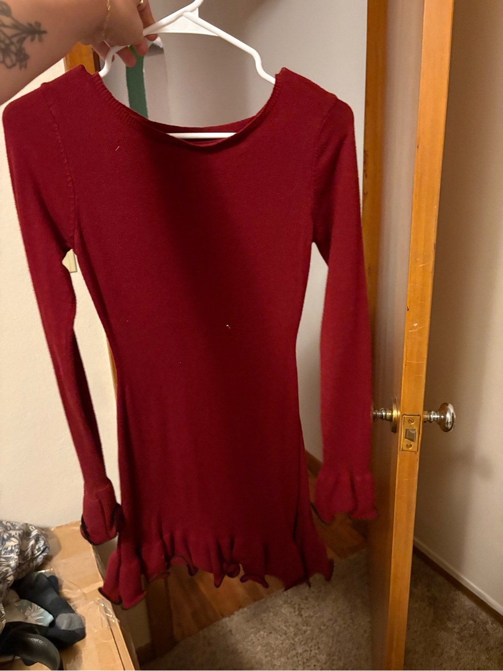Women’s Long Sleeve Maroon Ruffle Hem Dress